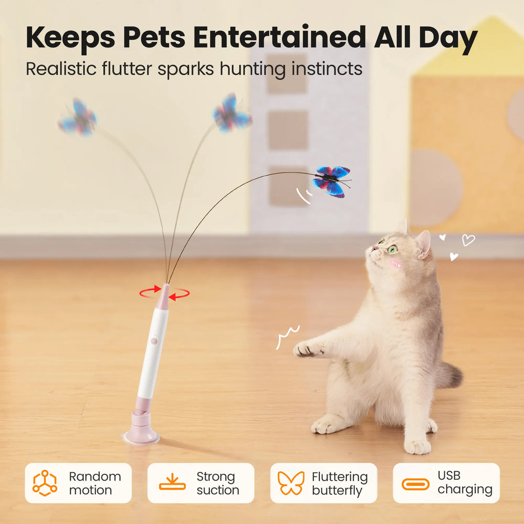 Spinning Butterfly Cat Toy Wand – Rechargeable Electric Touch-Activated Interactive Cat Teaser with Suction Cup, Self-Play & Handheld Modes, Durable Automatic Play for Indoor Kittens and Cats #SummerVibes #petlovers