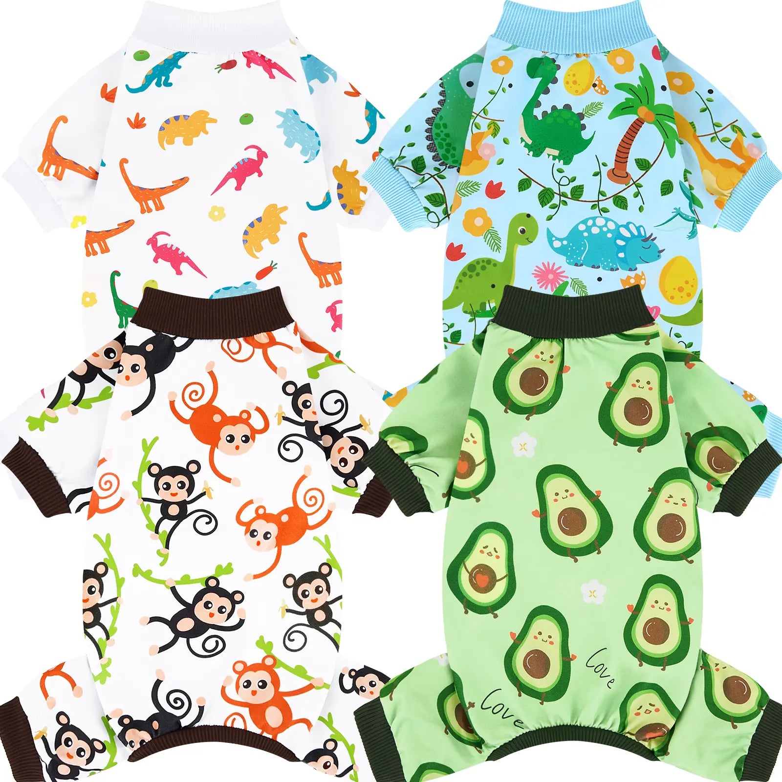 4-Piece Soft Dog & Cat Clothing, Breathable Sleepwear with Playful Avocado, Monkey, Dinosaur Animal Print, Universal-Fit Comfortable Pet Apparel Summervibes Petlovers Costume