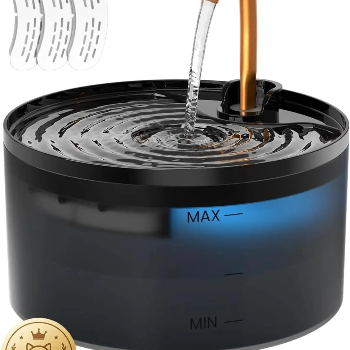 MISFANS Silent Cat Water Fountain 2.1L Pet Water Fountain Ultra-Quiet Copper Spout Night Light 6-Layer Filter Soft Blue LED Automatic Gravity Feeder|Wired plug-in model